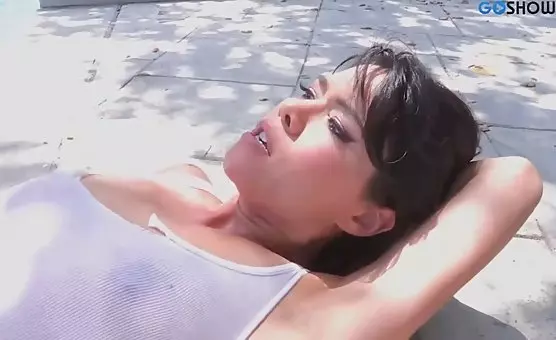 Wet Poolside Romance Brunette Couple Engage in Intimate Watersports